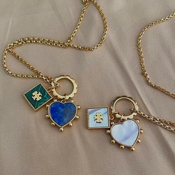 Tory Burch Vintage Gold Plated Mother Of Pearl Heart and Square Charm Ne… - Picture 8 of 12
